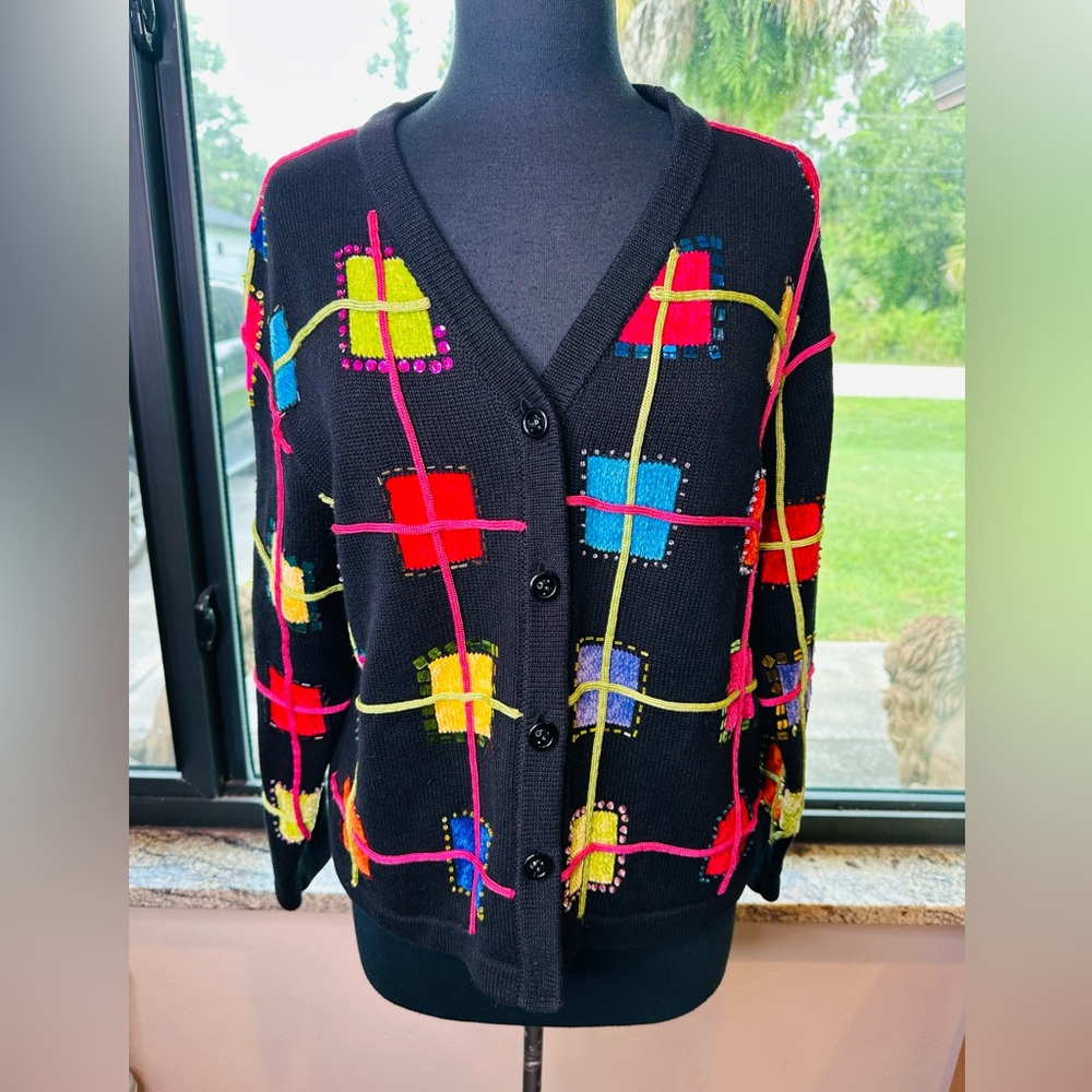 Vintage Patchington Cardigan Sweater Women’s Black Beaded Sequins Size Large